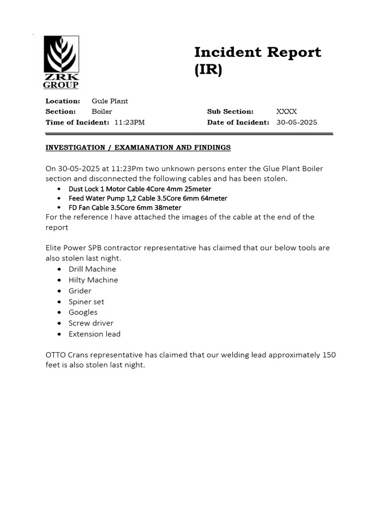 Incident Report Glue Plant Boiler Section 30-05-2025 | PDF