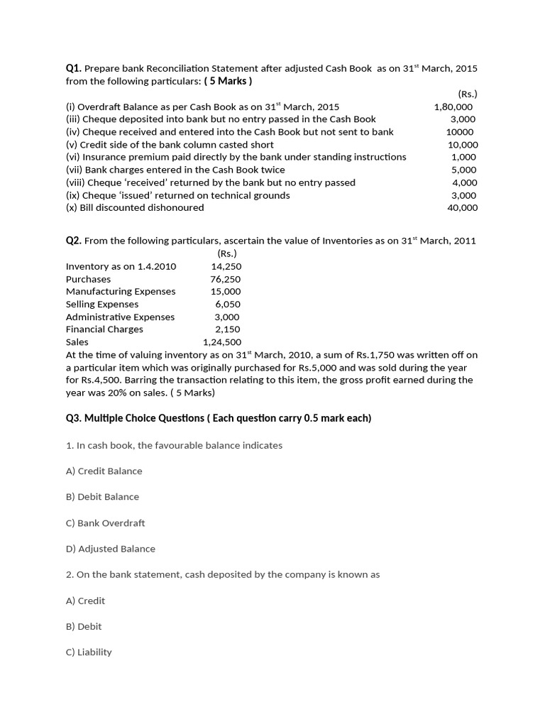 Practise Test Accounts BRS and Inventory on 25.04 | PDF | Cheque | Banks