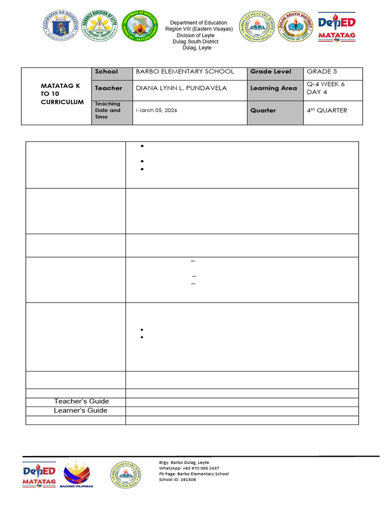 Detailed Lesson Plan in Grade 5 English Quarter 4 Week 6 Day 4 | PDF ...