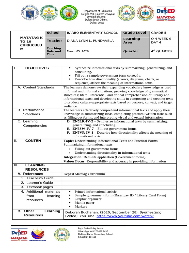 Detailed Lesson Plan in Grade 5 English Quarter 4 Week 6 Day 4 | PDF