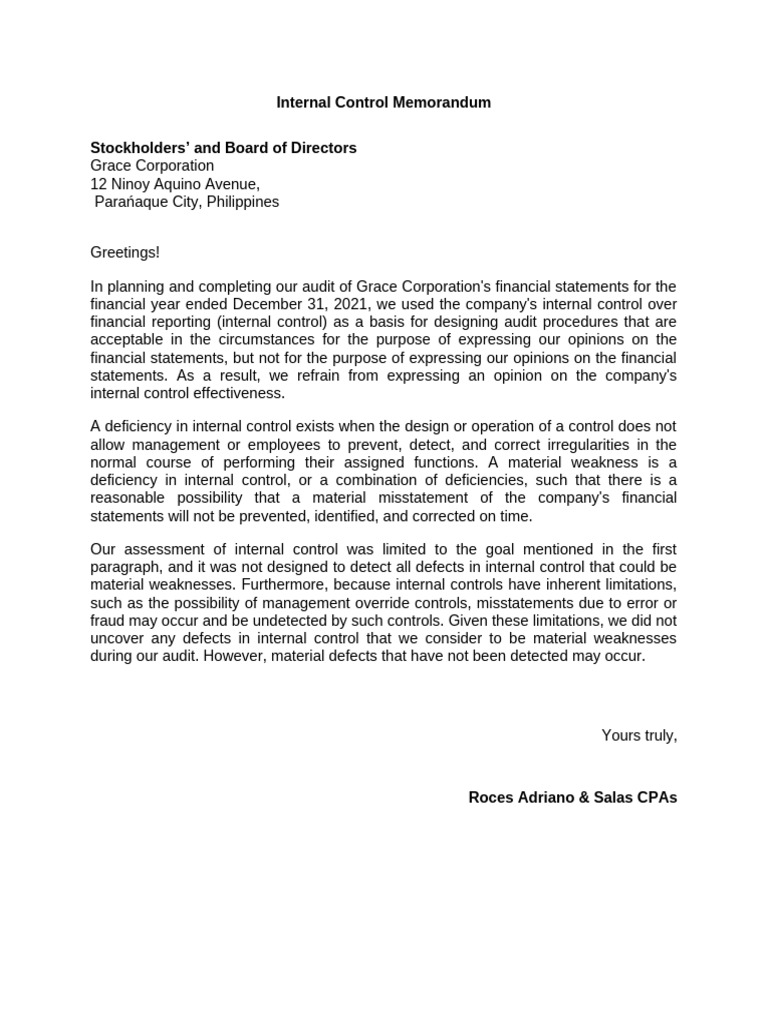 Internal Control Memo | PDF
