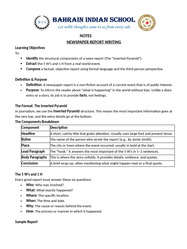 Newspaper Report Writing Notes Copy | PDF