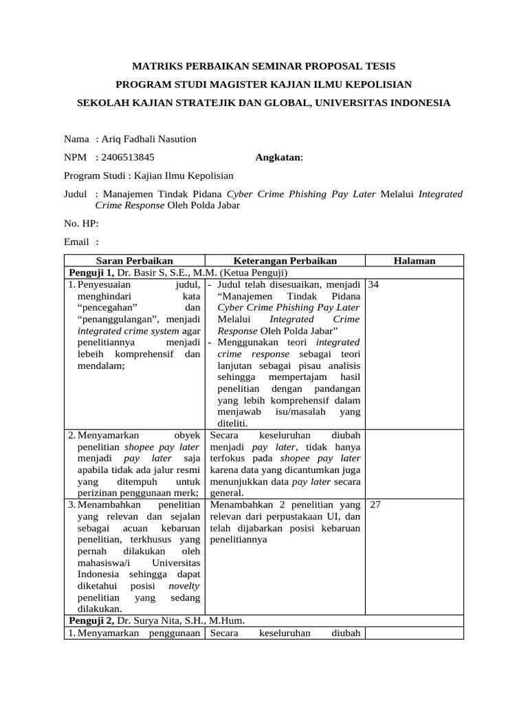 Matriks Perbaikan Seminar Proposal Tesis Ariq Fadhali | PDF