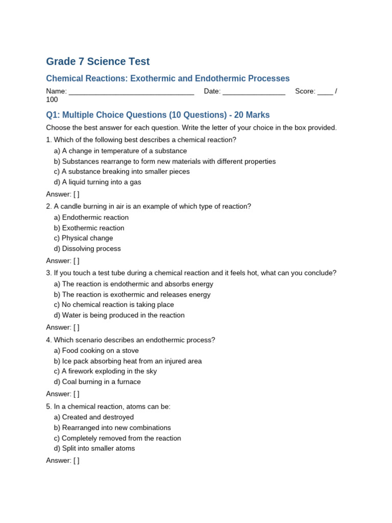 Grade 7 Science Test Original | PDF | Chemical Reactions | Chemical ...