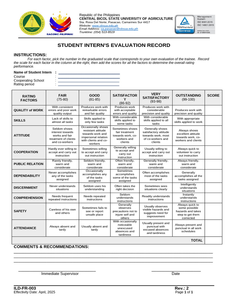 ILD FR 003 Evaluation Sheet | PDF