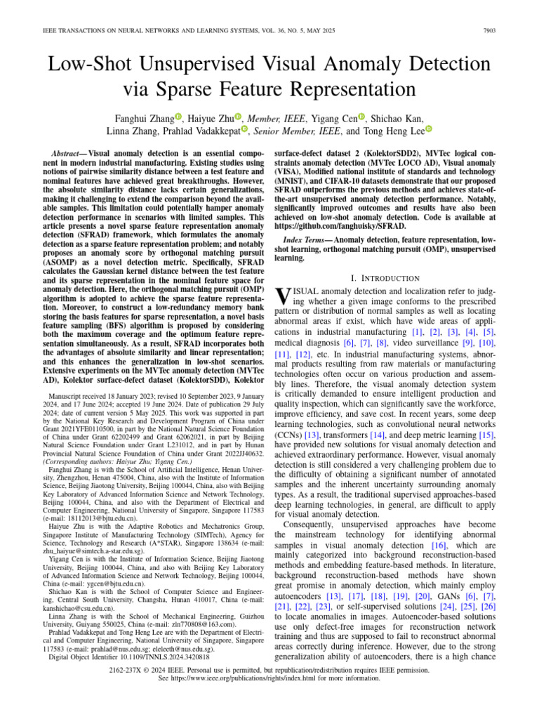 Low-Shot Unsupervised Visual Anomaly Detection via Sparse Feature ...