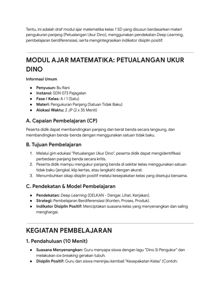 Modul Ajar Matematika Kelas 1 SD | PDF