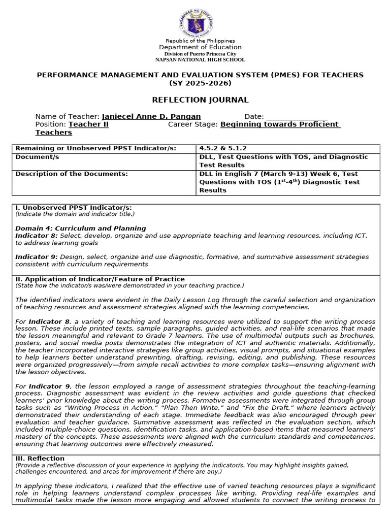 Pmes Reflection Journal Mam Janz 2 | PDF | Educational Assessment ...