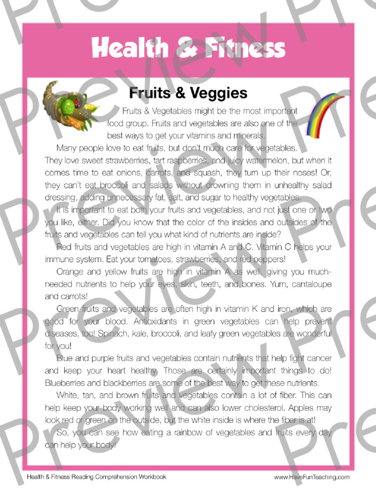 Fruits and Veggies Health and Fitness Reading Comprehension Worksheet ...