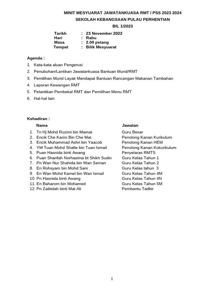 Minit Mesyuarat JK Bantuan RMT 1 2023 | PDF