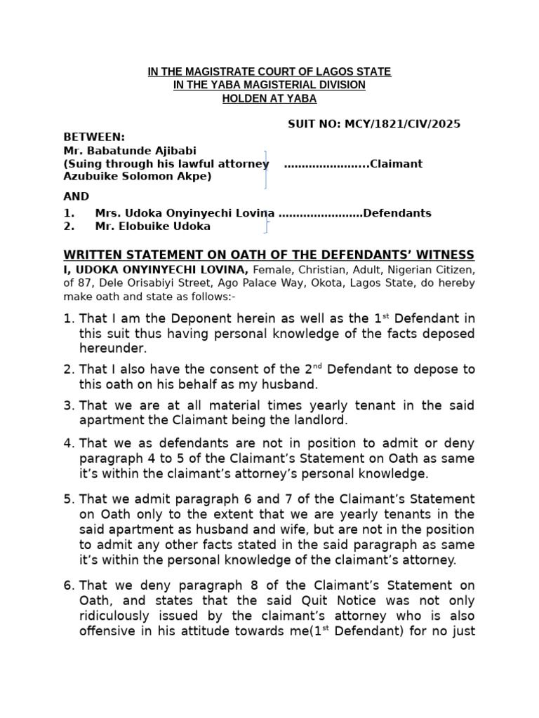 Defendant's Statement on Oath - Lovina | PDF | Eviction | Common Law