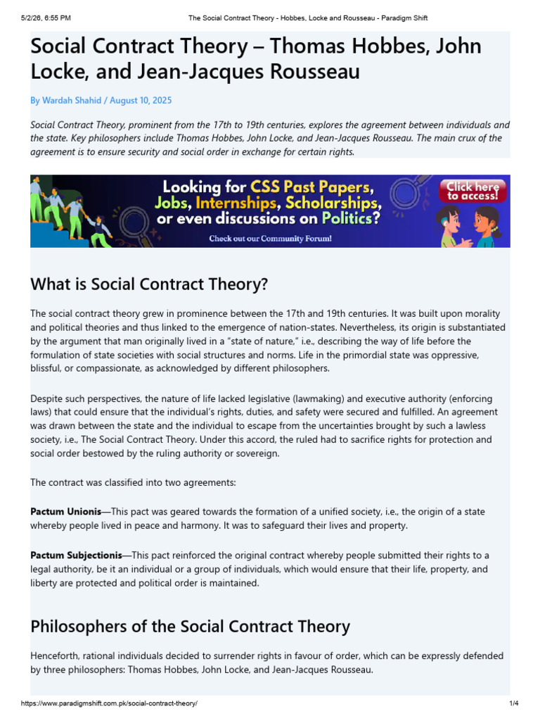 The Social Contract Theory - Hobbes, Locke and Rousseau - Paradigm ...