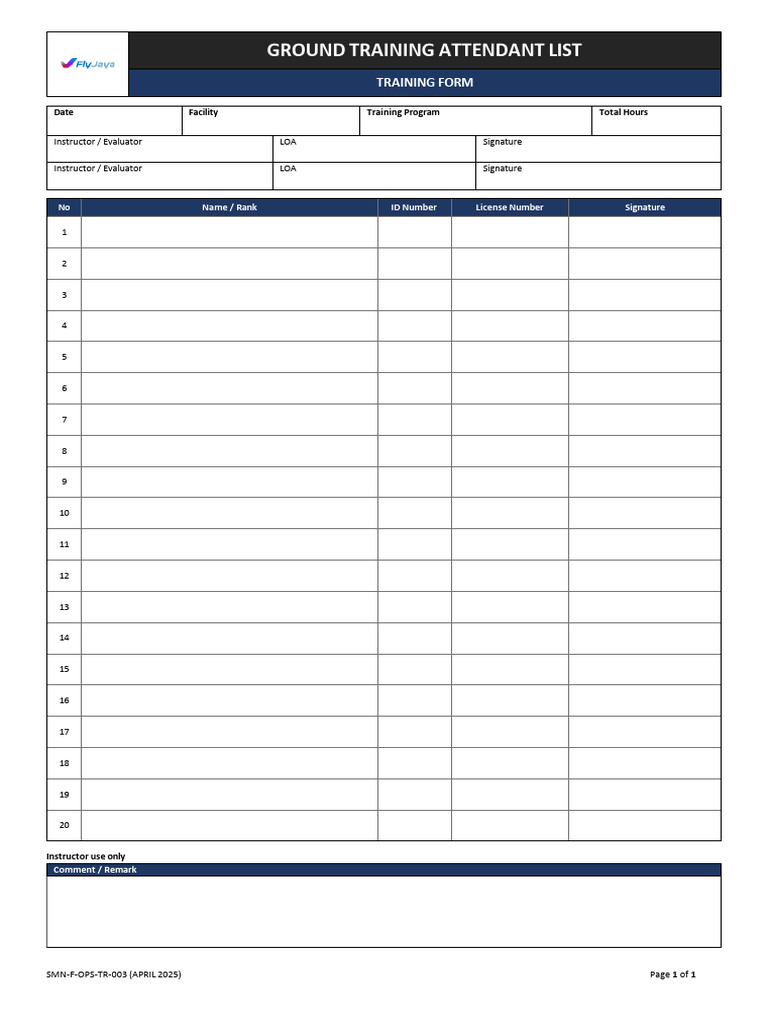 Ground Training Attendant List Training Form | PDF