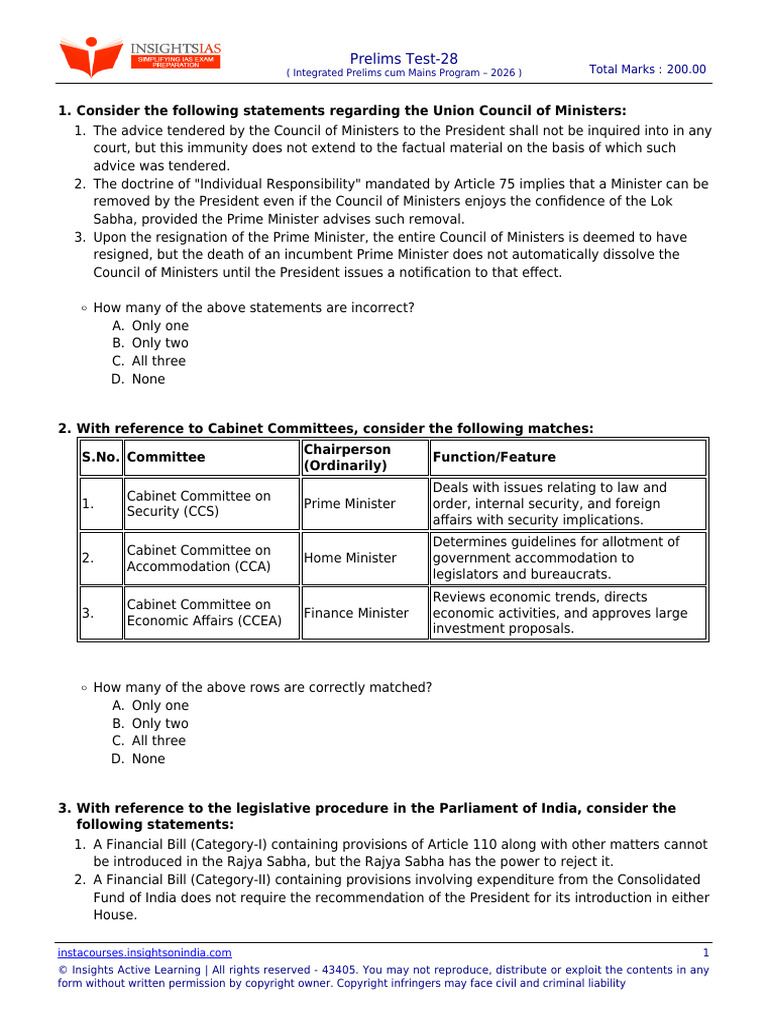 IPM Insight IAS Prelims 2026 Test 28 With Solution | PDF | Governance ...
