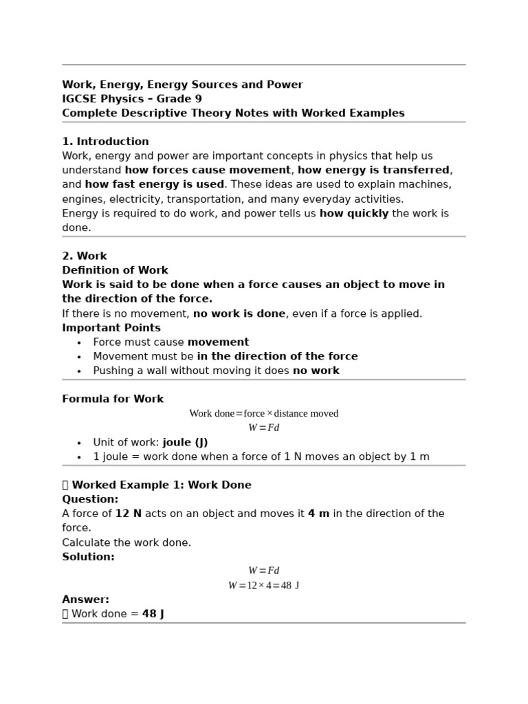 Work, Energy, Energy Sources and Power Notes | PDF | Kinetic Energy ...