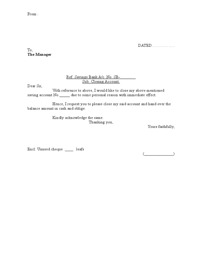 Closing Bank Account Template Letter