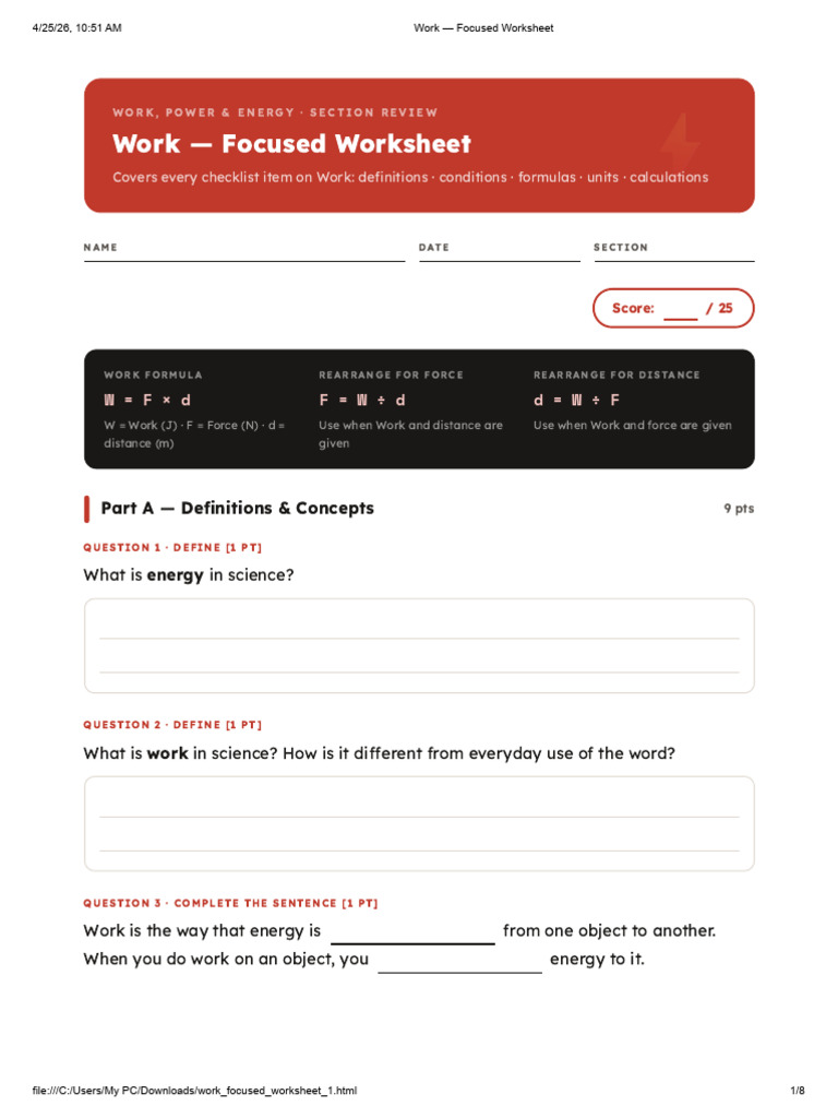Work — Focused Worksheet | PDF | Force | Applied And Interdisciplinary ...