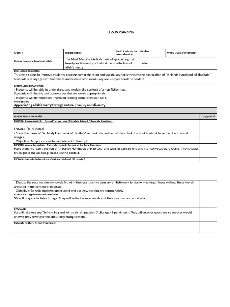 5E Lesson Planning Template | PDF | Reading Comprehension | Lesson Plan