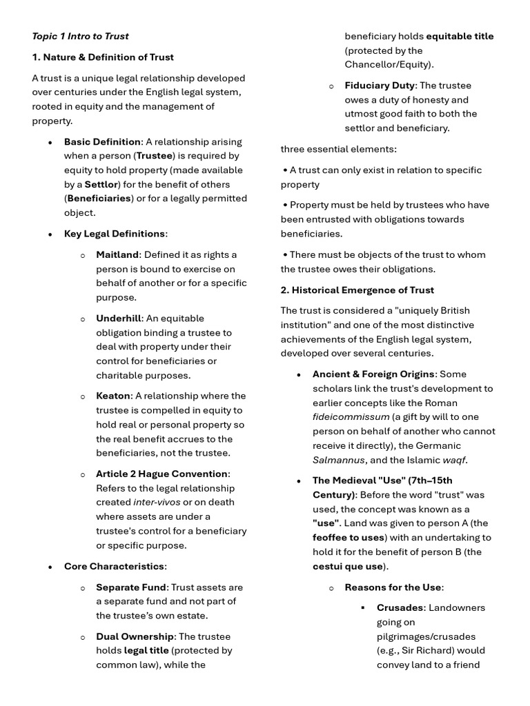 Notes Trust Topic 1 | PDF | English Trust Law | Trustee