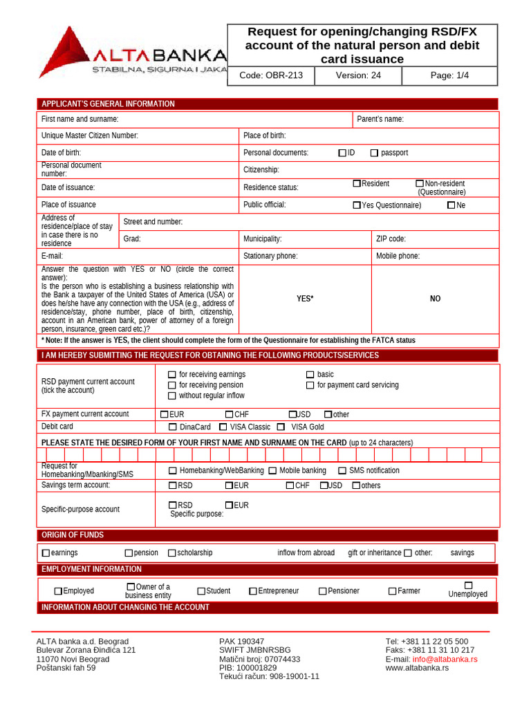 OBR 213 V24 ENG Request for Opening an Account | PDF | Banks | Visa Inc.