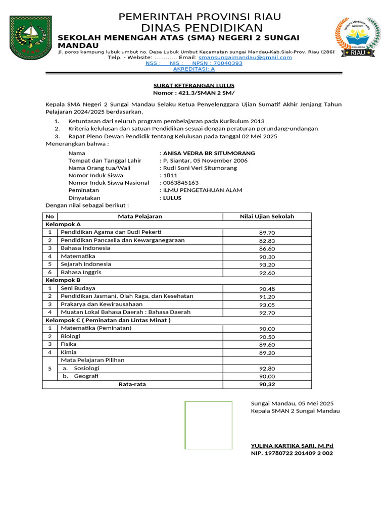 SURAT KETERANGAN LULUS IPS 2025 KLS XII_081249 | PDF