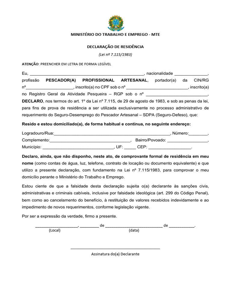 Declaração de Residência MTE vf | PDF