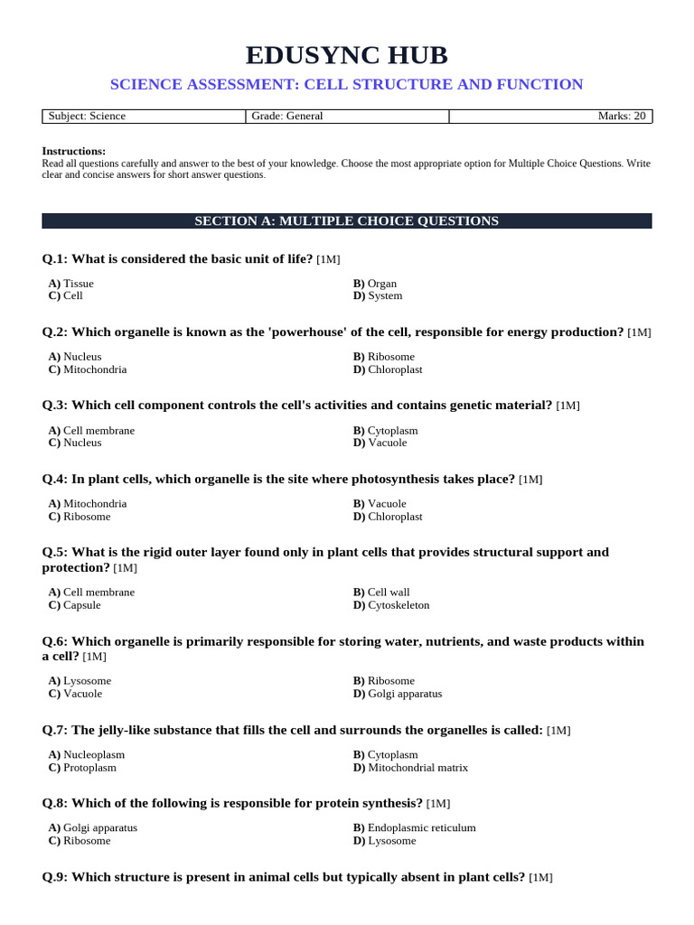 Assessment Science Assessment Cell Structure and Function | PDF | Cell ...