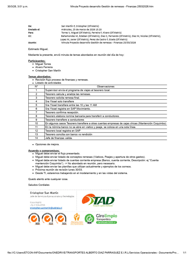 Minuta Proyecto Desarrollo Gestión de Remesas - Finanzas 25032026 | PDF ...