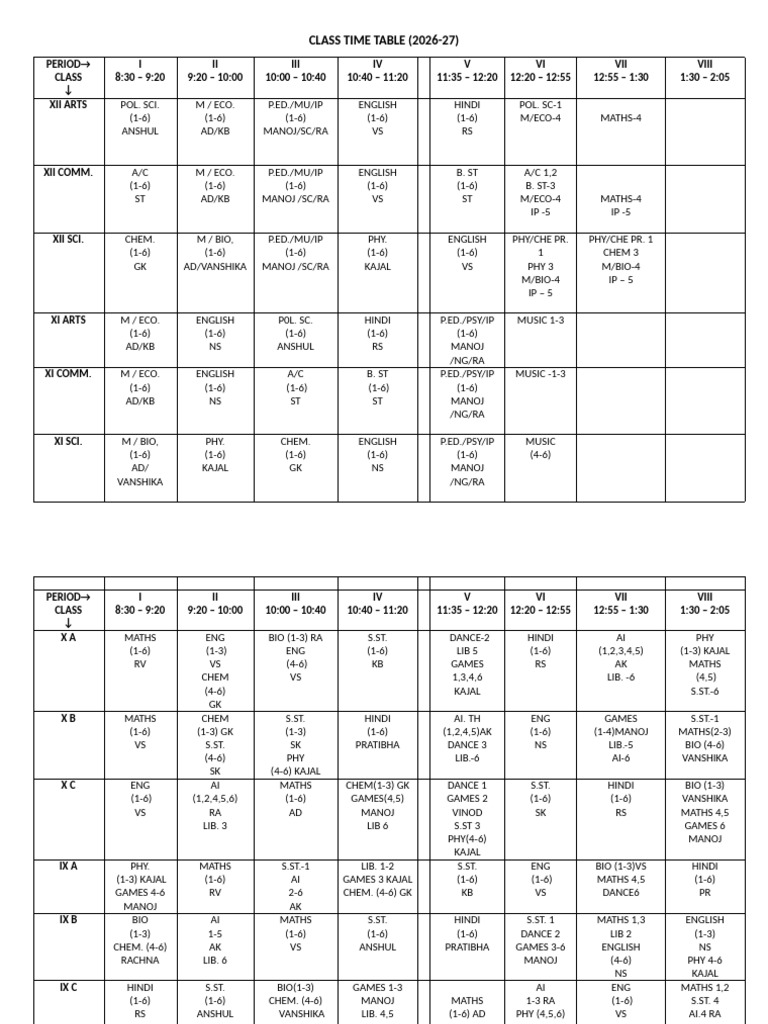 Class Wise Time Table 2026-27 | PDF