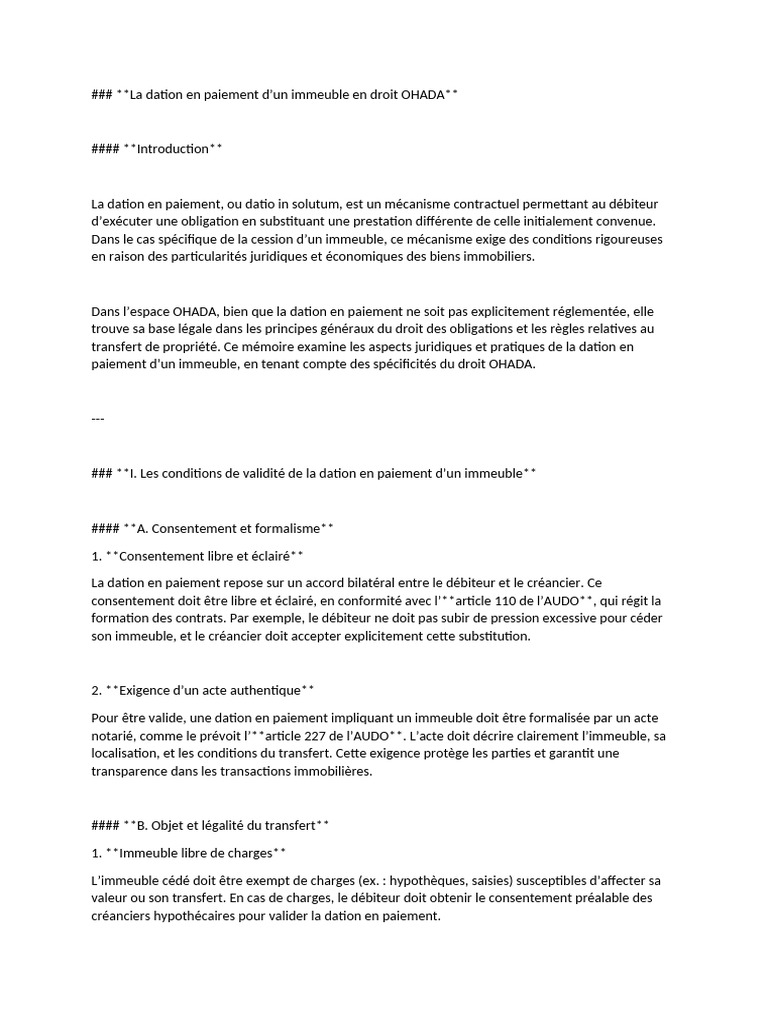 La Dation en Paiement D'immeuble | PDF | Débiteur | Droit des obligations