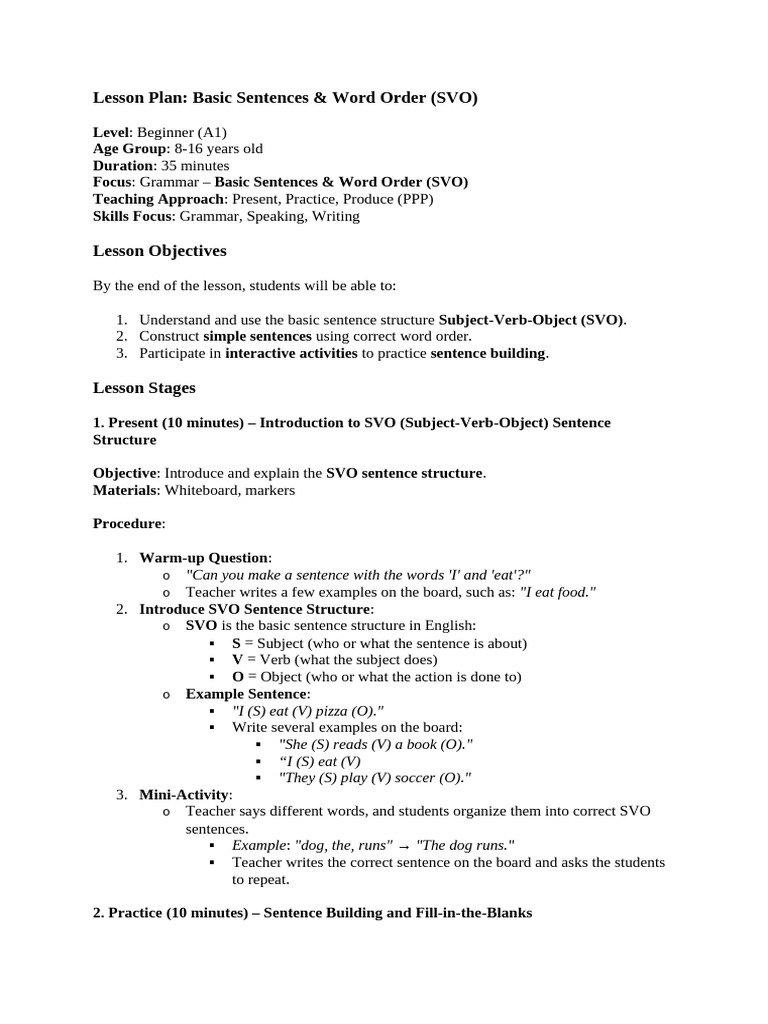 2. Lesson Plan A1 (Grammar) Basic Sentences and Word Order (SVO) | PDF ...