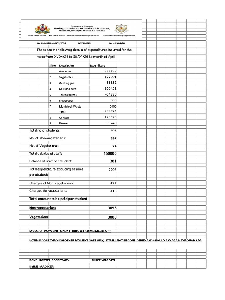 Boy's Mess Bill April 2026 | PDF