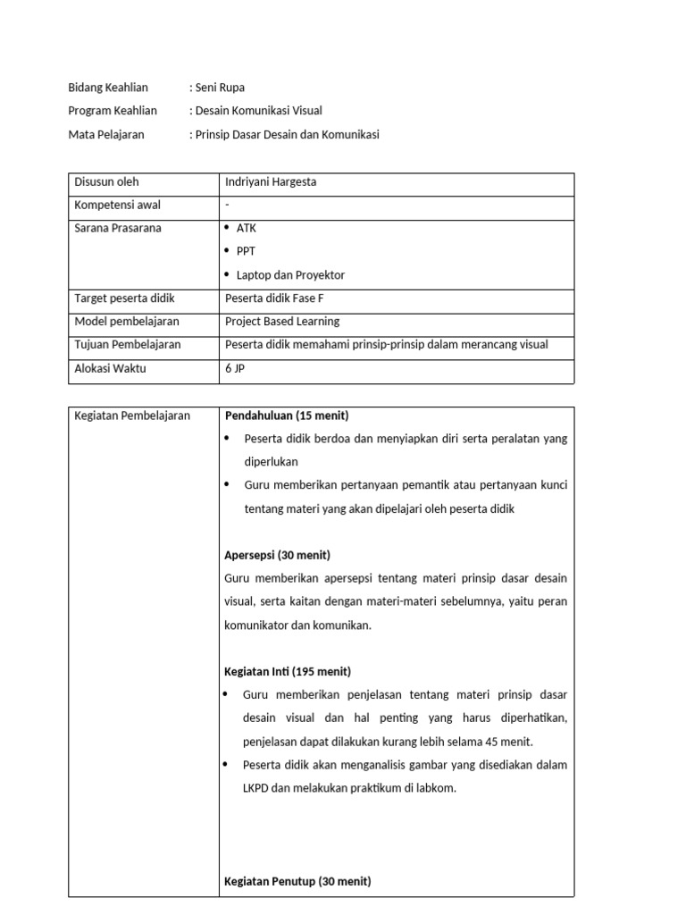 RPP Merdeka Belajar DKV Prinsip Desain Visual (Indriyani Hargesta) | PDF