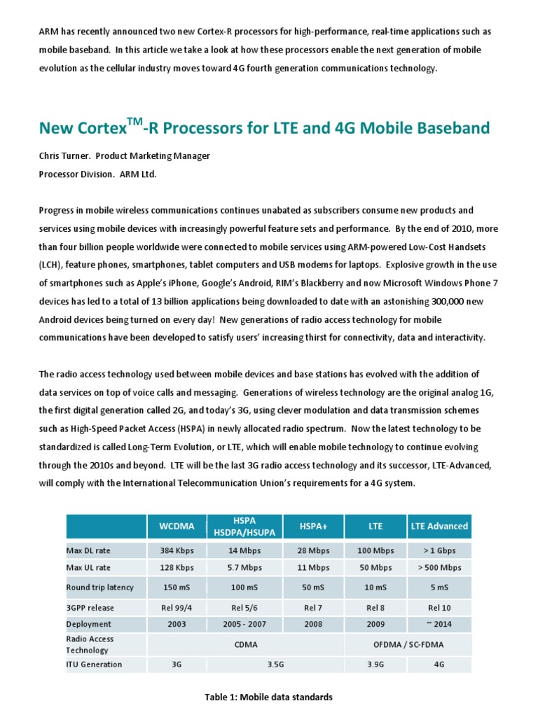 New CortexR Processors For Lte and 4g Mobile Baseband PDF Mobile