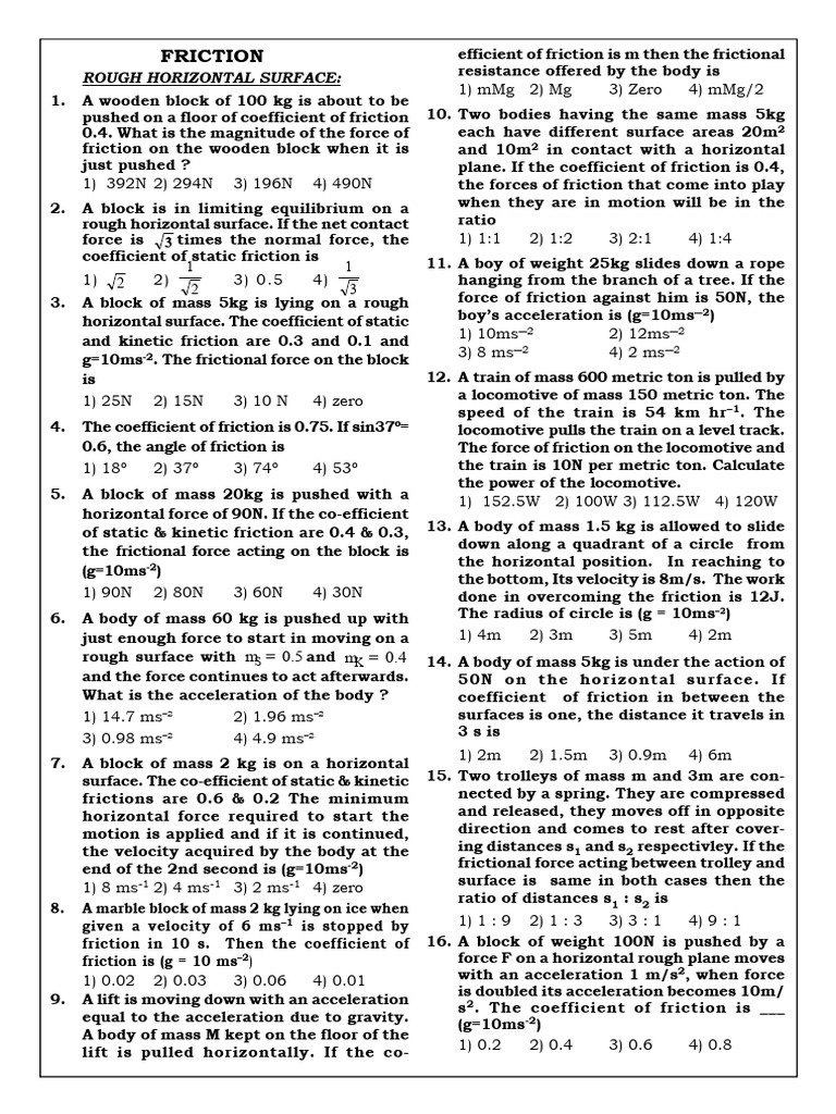 Friction Question For Neet | PDF | Friction | Force