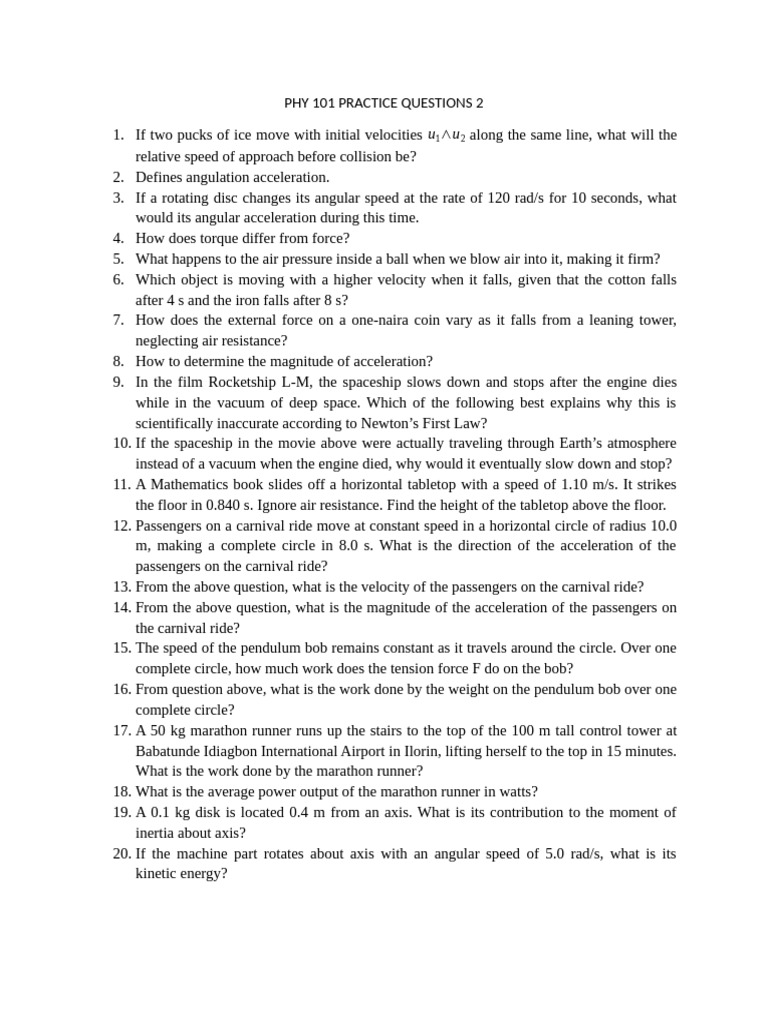 Phy 101 Practice Questions 3 | PDF | Rotation Around A Fixed Axis ...
