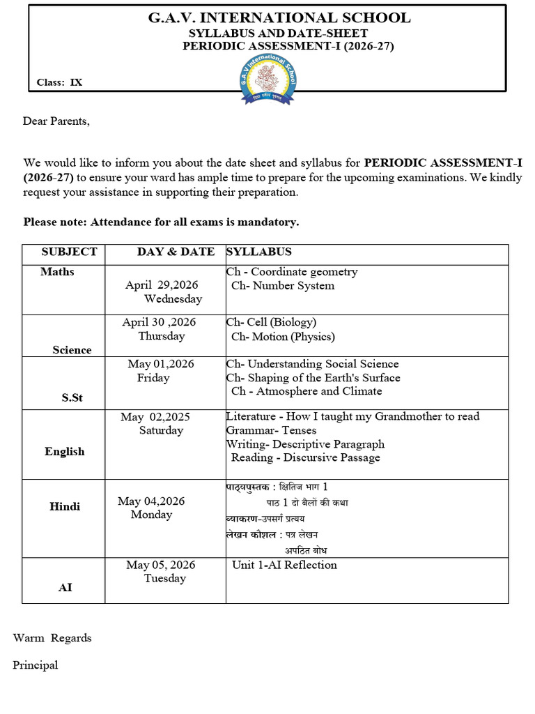 Class IX Date Sheet | PDF