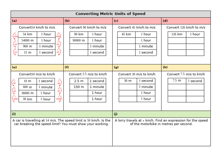 Converting Metric Units of Speed Practice Grid | PDF