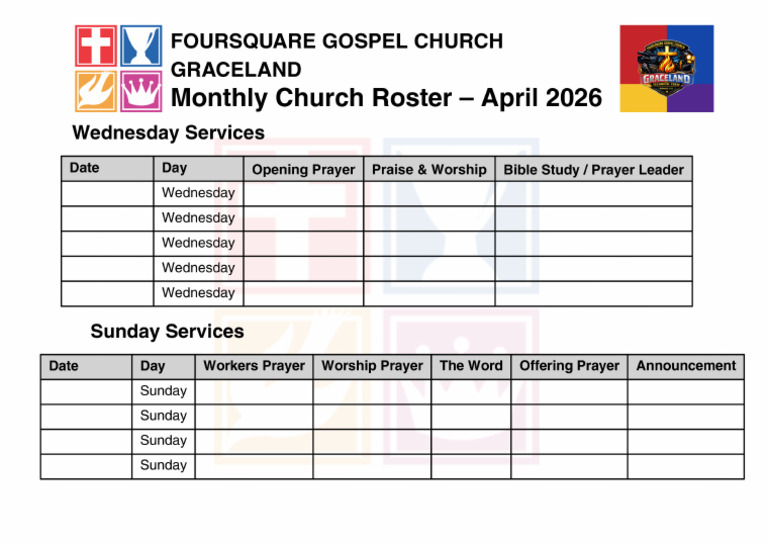 Fourquare Graceland Monthly Church Roster 2026.PDF (1) | PDF