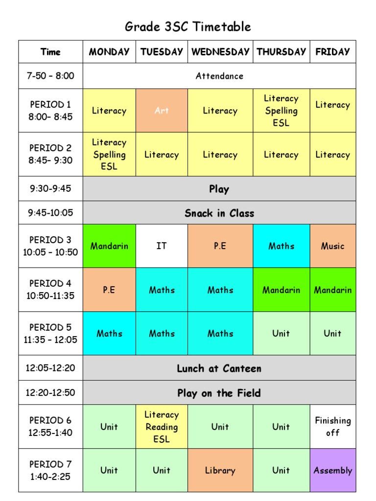 Grade 3SC Timetable: Time Monday Tuesday Wednesday Thursday Friday ...