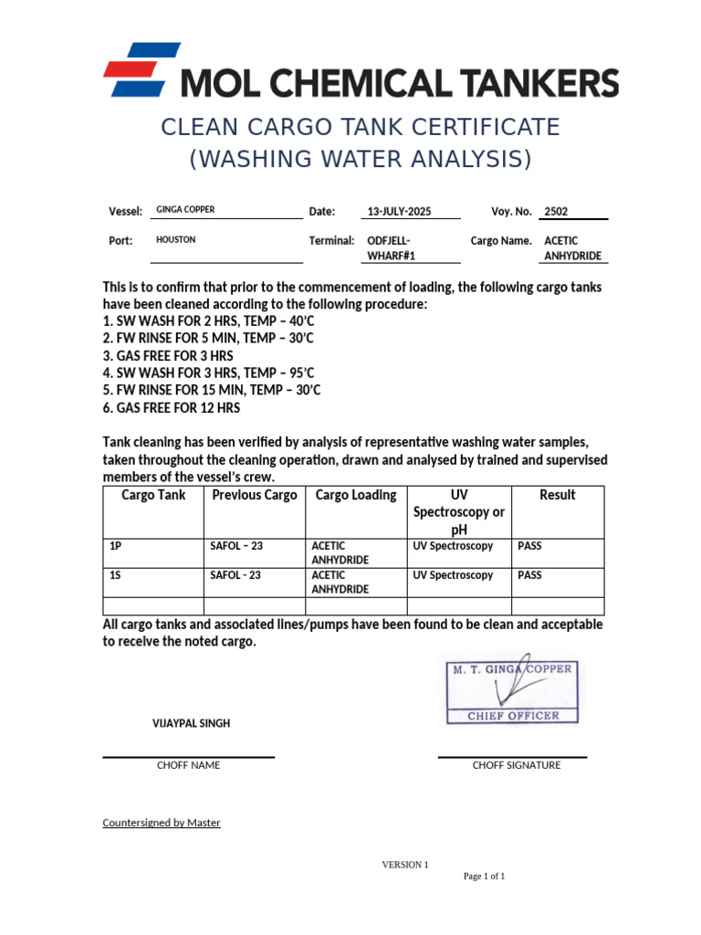 MOLCT - Clean Tank Certificate 1W COT- Washing Water | PDF