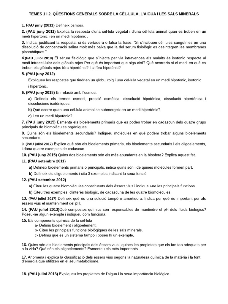 Tema 2 bioelements i biomolècules. Aigua sals minerals (1) | PDF