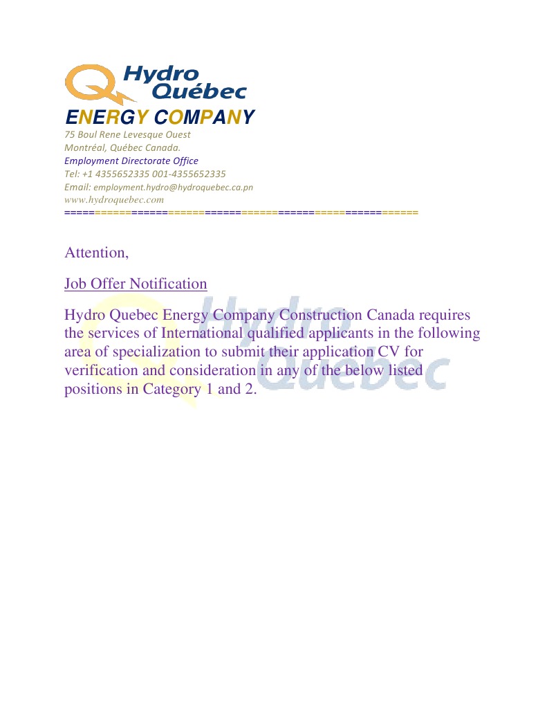 Hydro Quebec Job Offer!! (1) Instrumentation Electrician