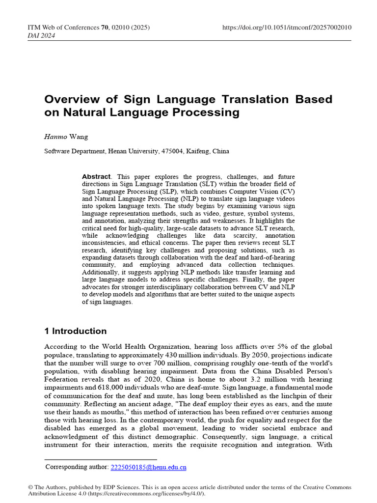 Overview of Sign Language Translation Based On Natural Language ...
