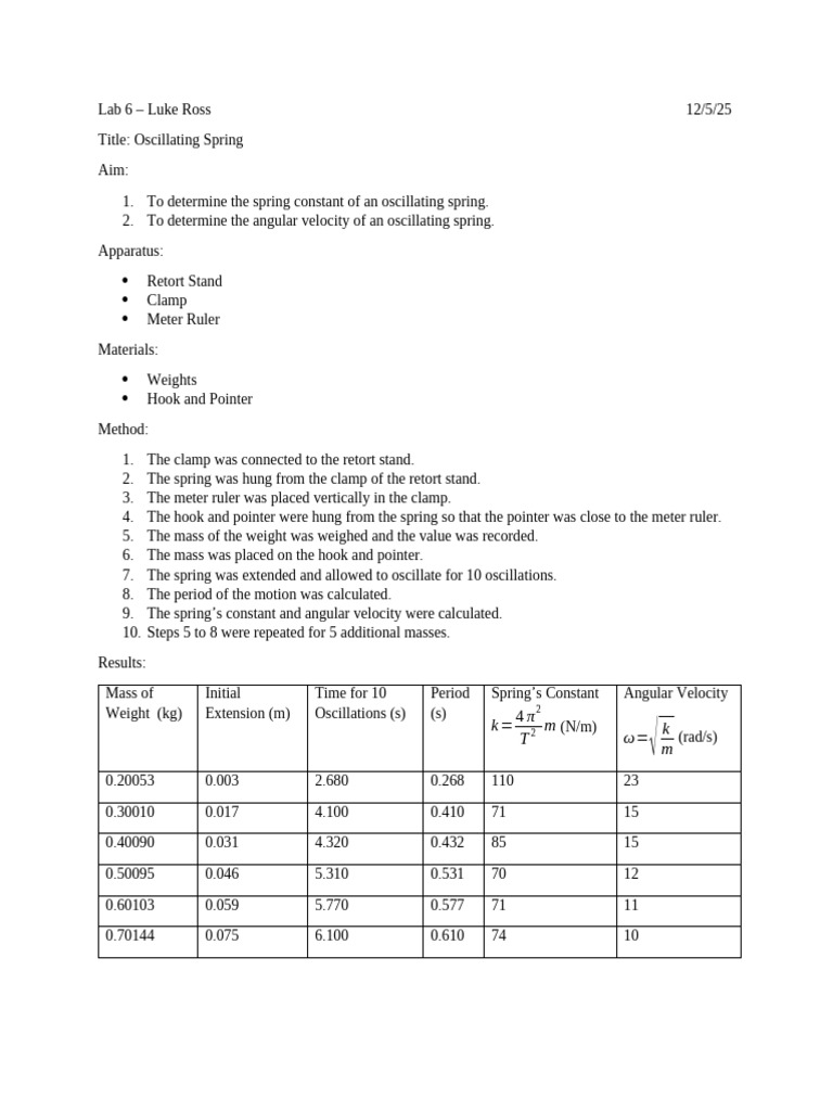 Lab 6 Oscillating Spring | PDF | Velocity | Mass