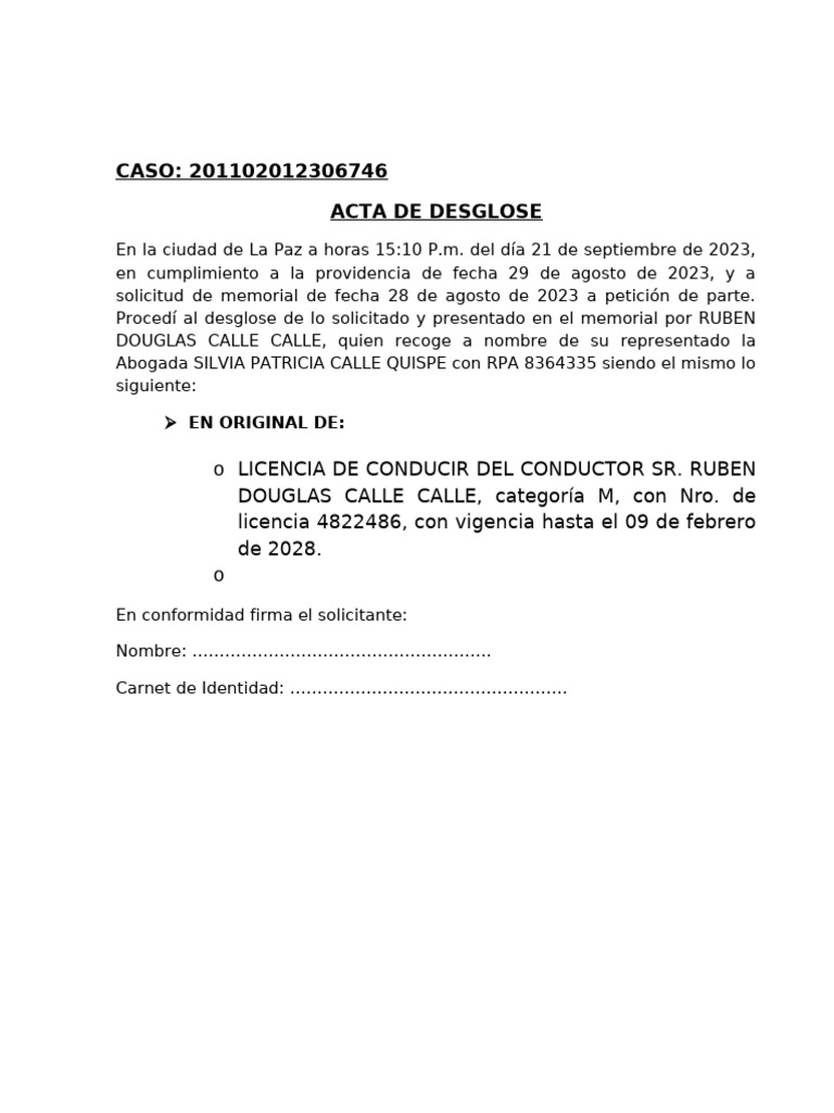 ACTA DE DESGLOSE 0521 | PDF | Licencia de conducir | Documento de identidad