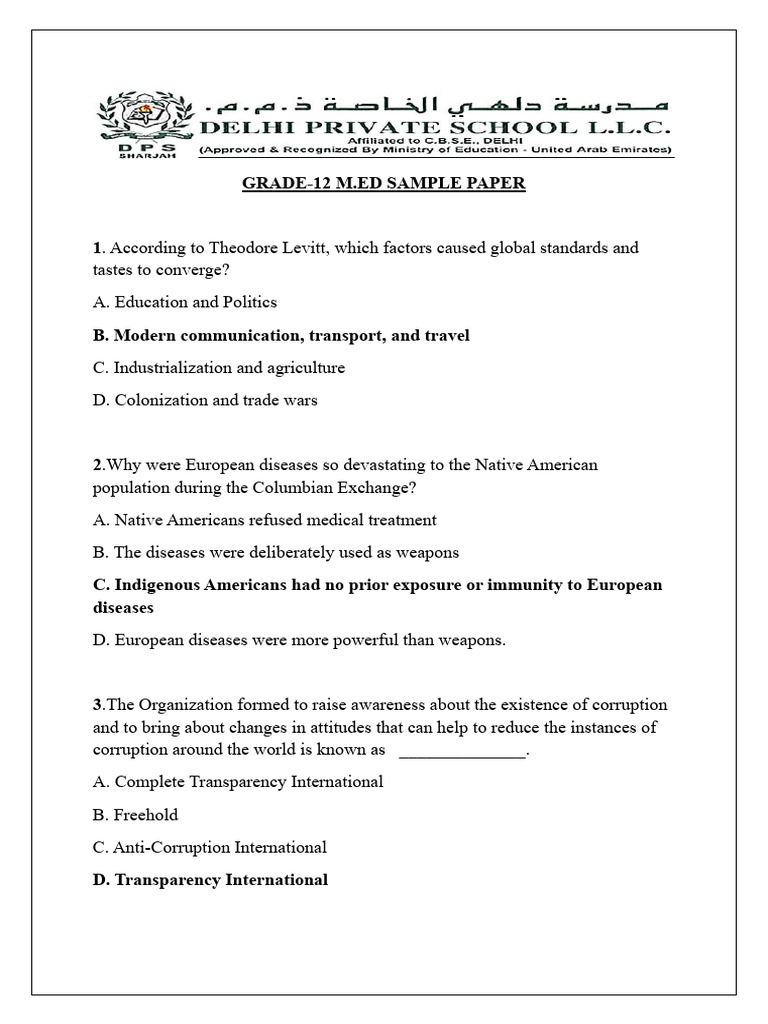 Grade 12 Med Sample Paper | PDF | Corruption | Globalization