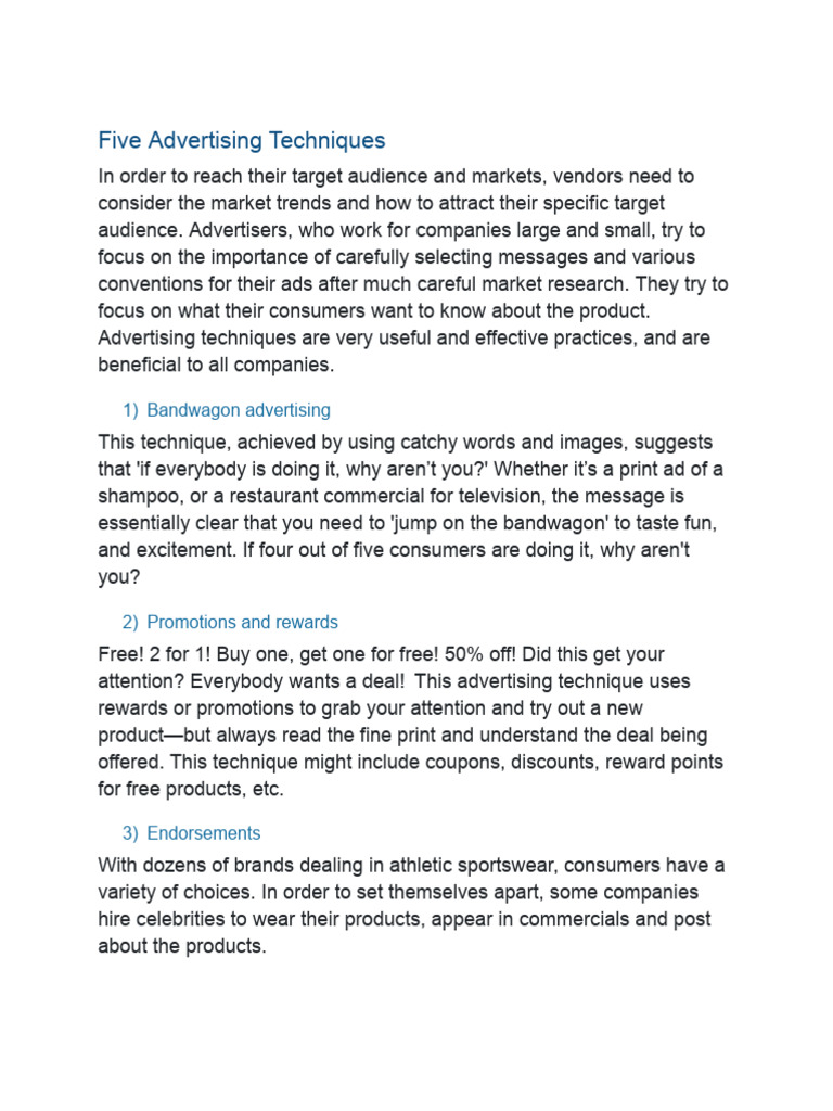 Five Advertising Techniques | PDF | Advertising | Brand