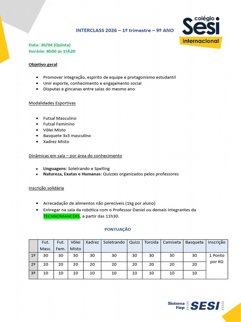 Comunicado Interclass 9º Ano | PDF | Entretenimento | Esportes