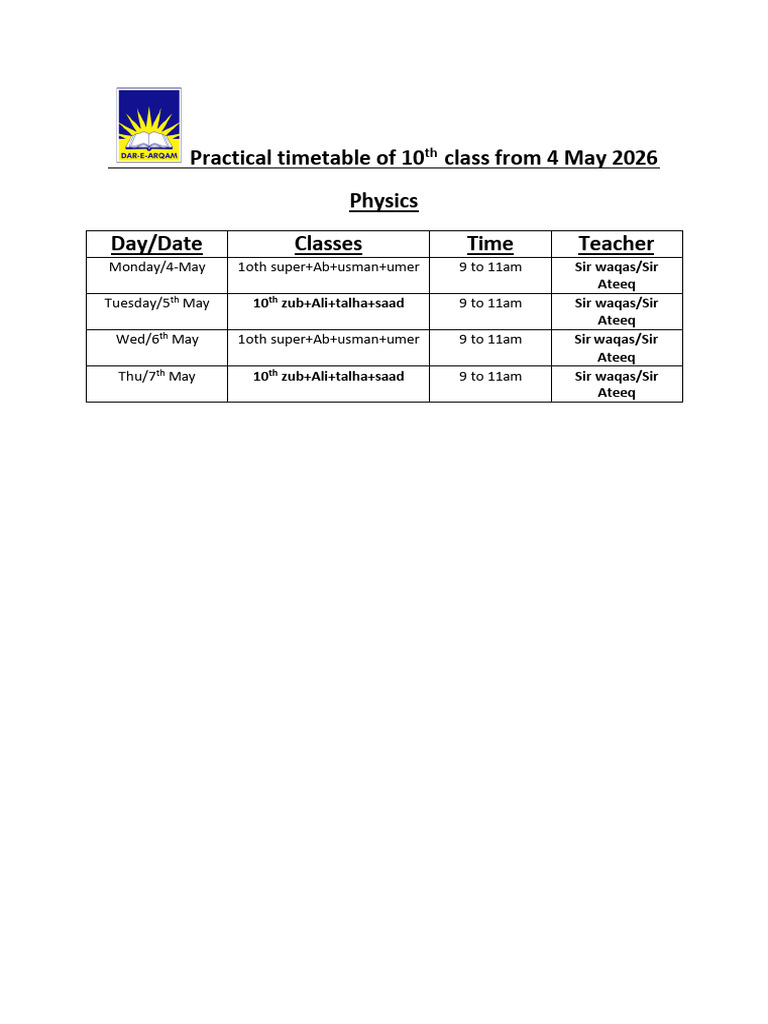 Practical Timetable of 10th Class From 4 May 2026 | PDF